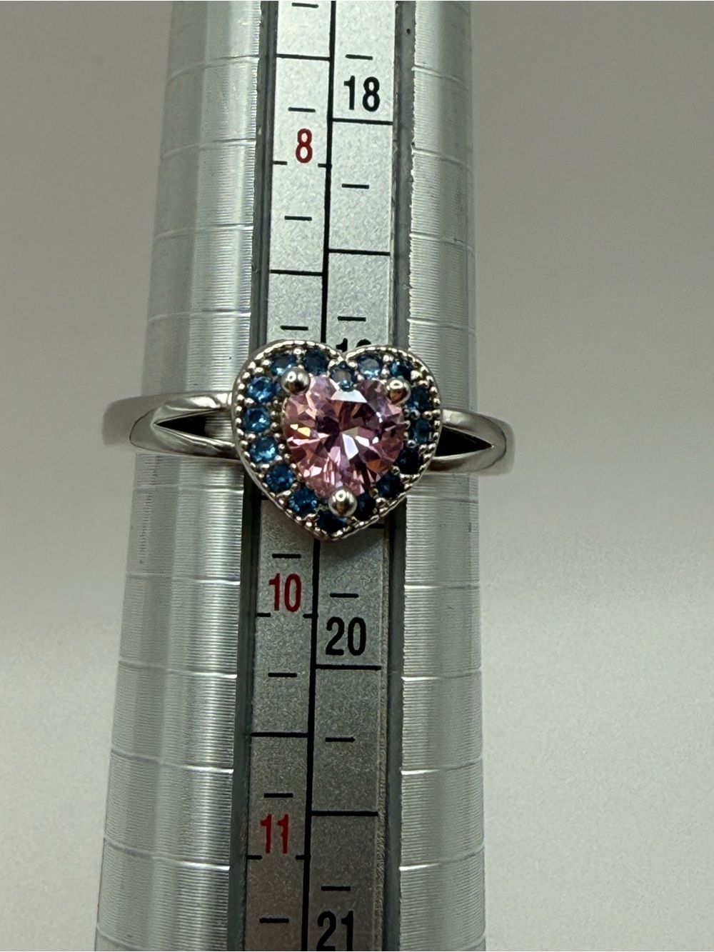 Pink Heart Halo Ring Blue Accent Stones Size 9